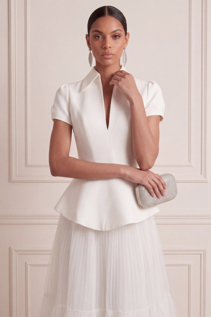 White Suit Sets V-Neck Short Sleeve A-Line Midi Skirts Set