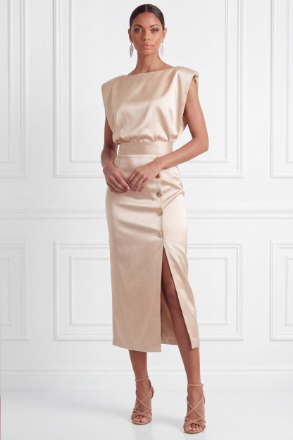 Champagne Formal Dress Crew Neck Satin Midi Dress with Slit