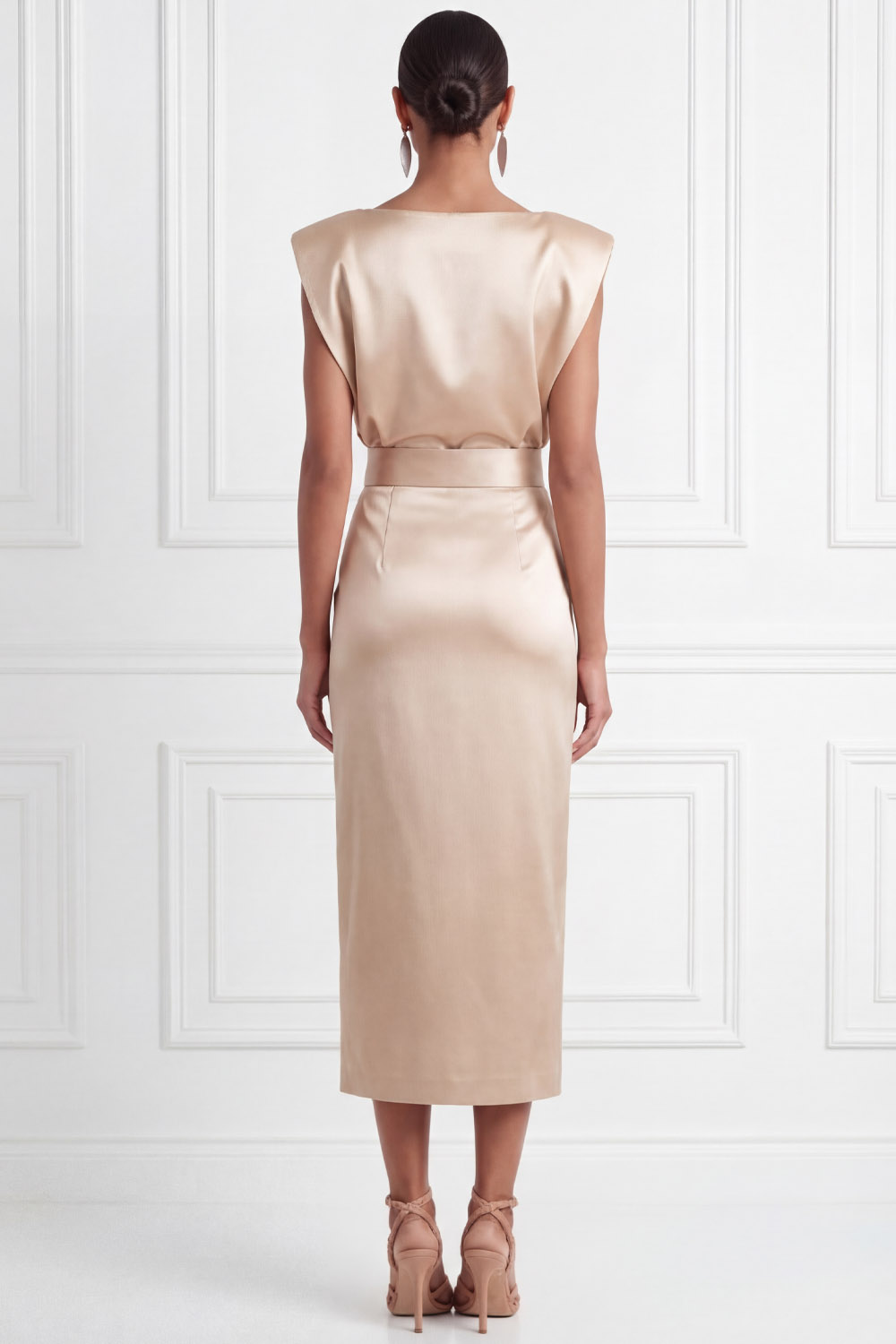 Champagne Formal Dress Crew Neck Satin Midi Dress with Slit