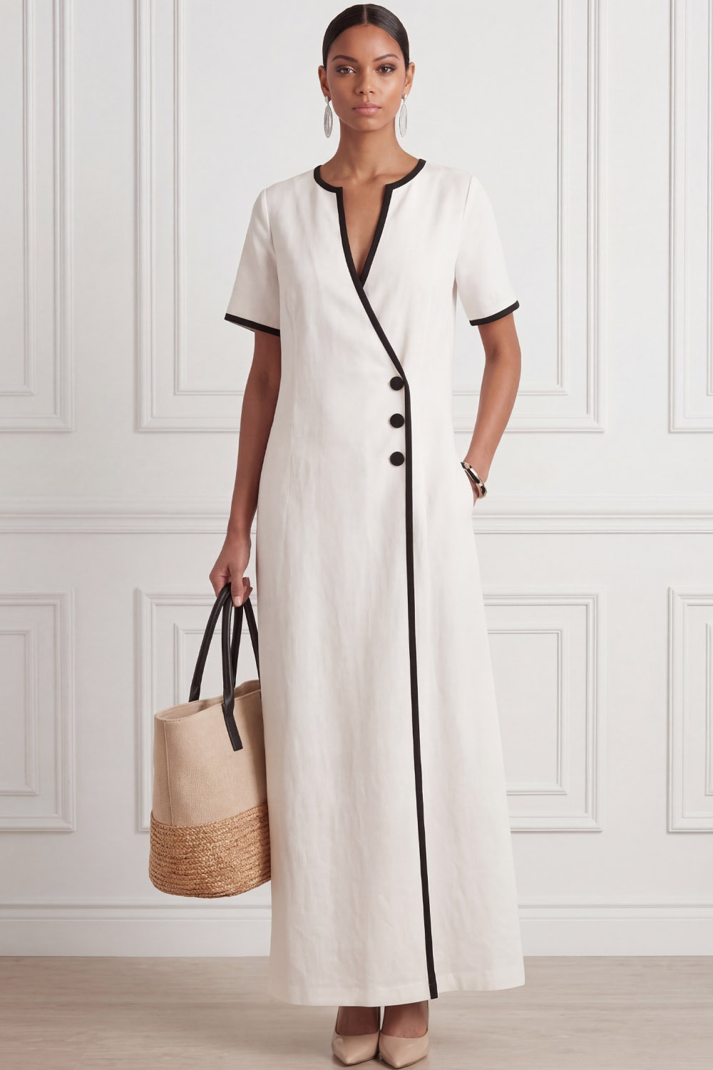 White Formal Dress Sheath Short Sleeve Maxi Dress with Pocket