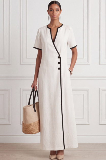 White Formal Dress Sheath Short Sleeve Maxi Dress with Pocket