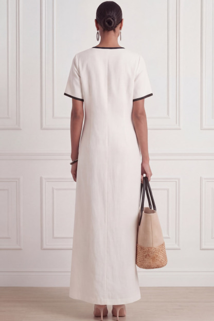 White Formal Dress Sheath Short Sleeve Maxi Dress with Pocket