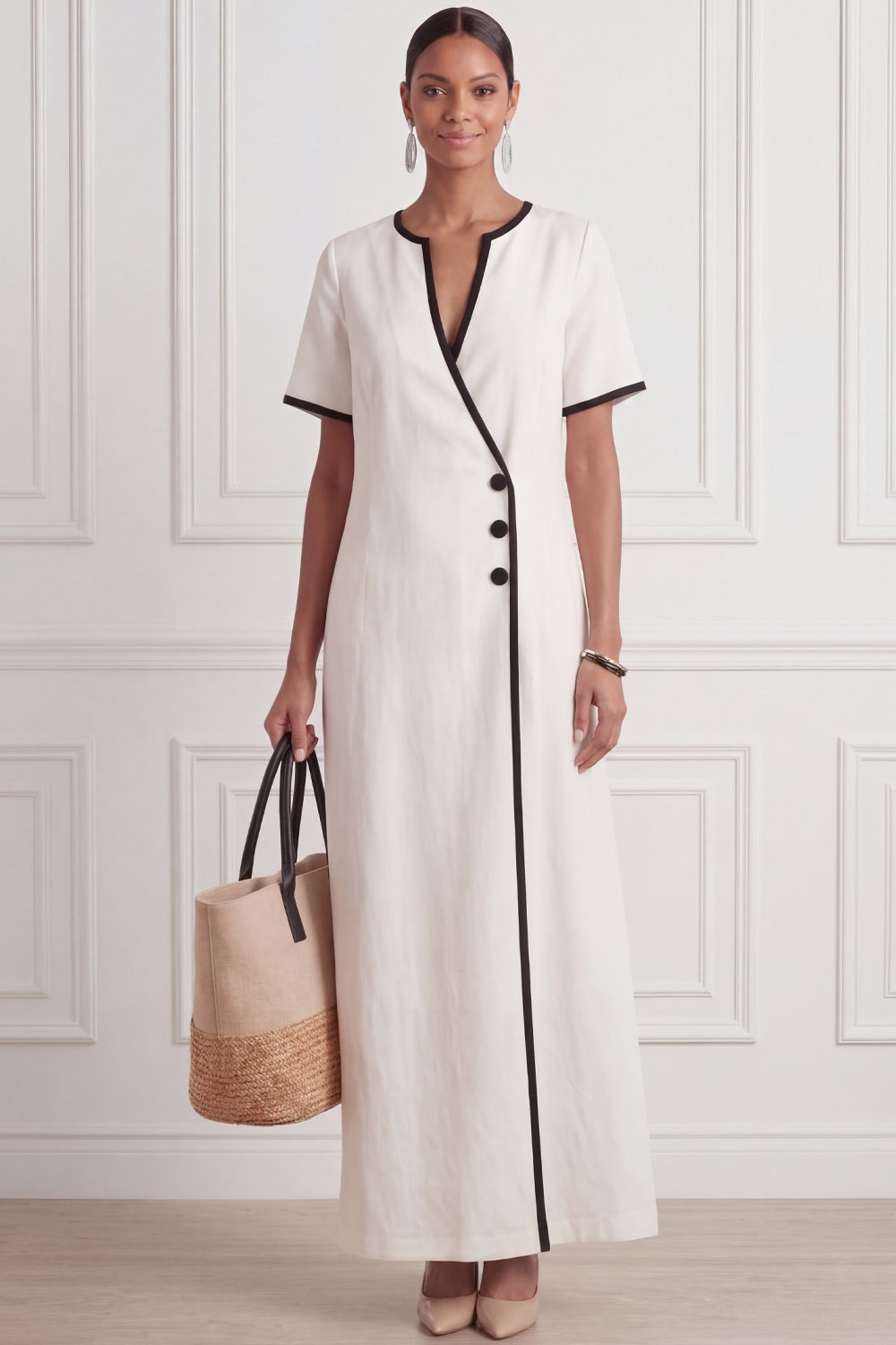 White Formal Dress Sheath Short Sleeve Maxi Dress with Pocket