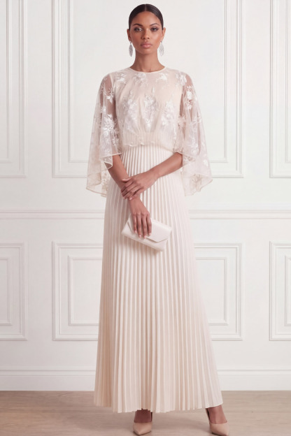 White Formal Evening Dress A-Line Round Neck Maxi Dress with Cape