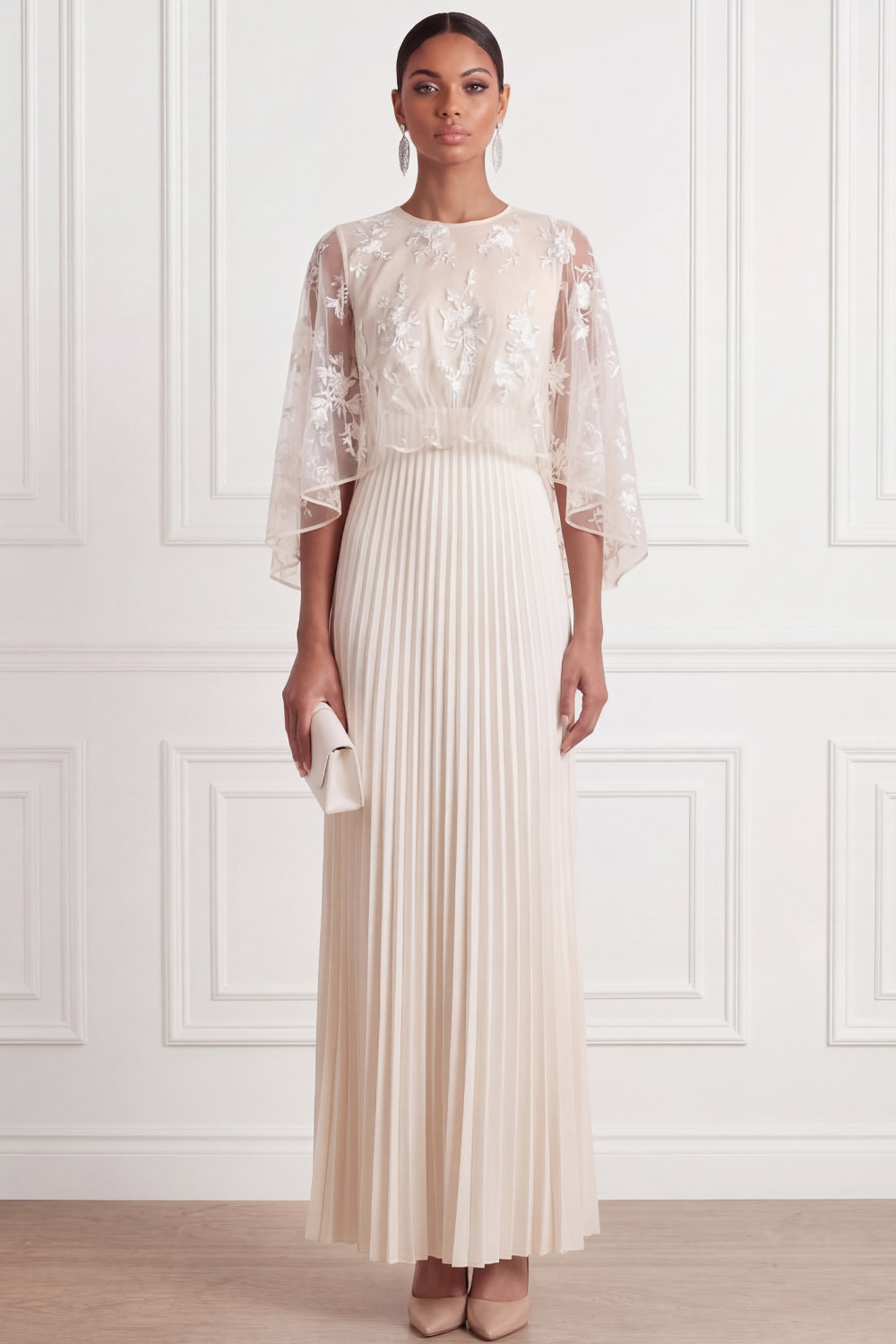 White Formal Evening Dress A-Line Round Neck Maxi Dress with Cape