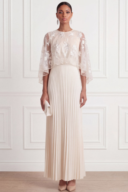 White Formal Evening Dress A-Line Round Neck Maxi Dress with Cape