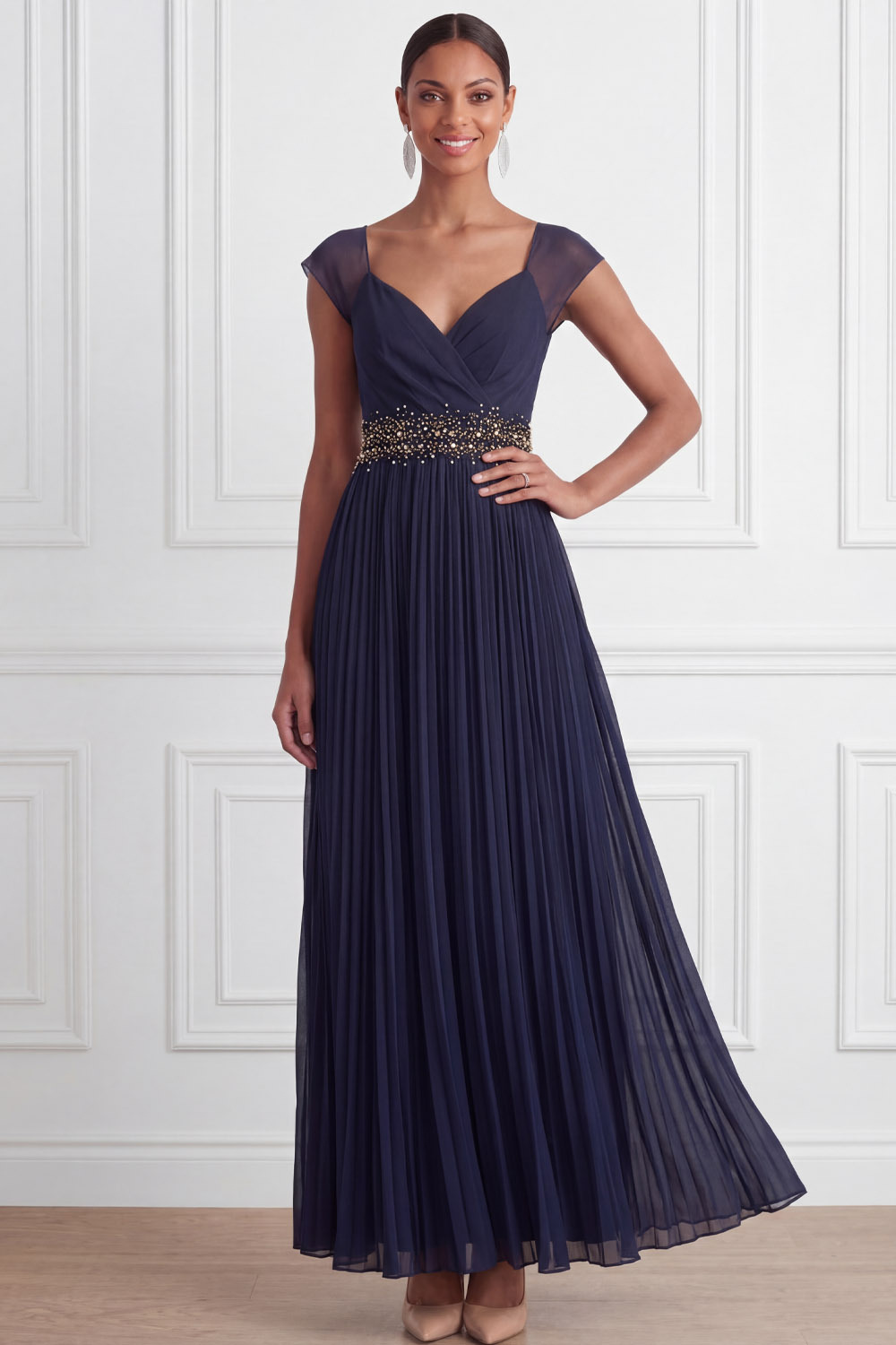 Navy Formal Evening Dress Cross Neck Pleated Chiffon Maxi Dress
