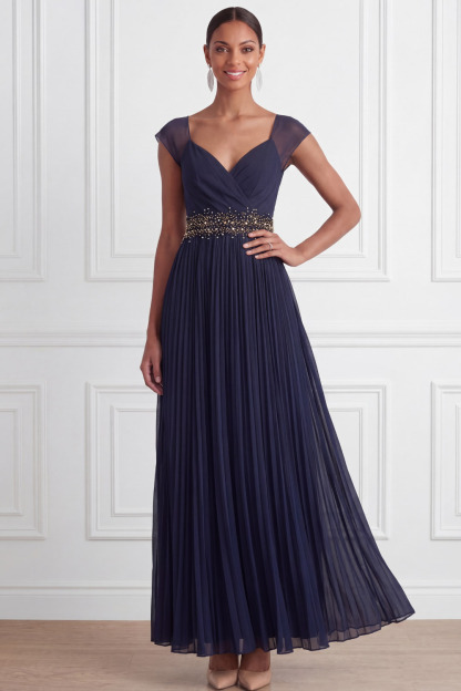 Navy Formal Evening Dress Cross Neck Pleated Chiffon Maxi Dress