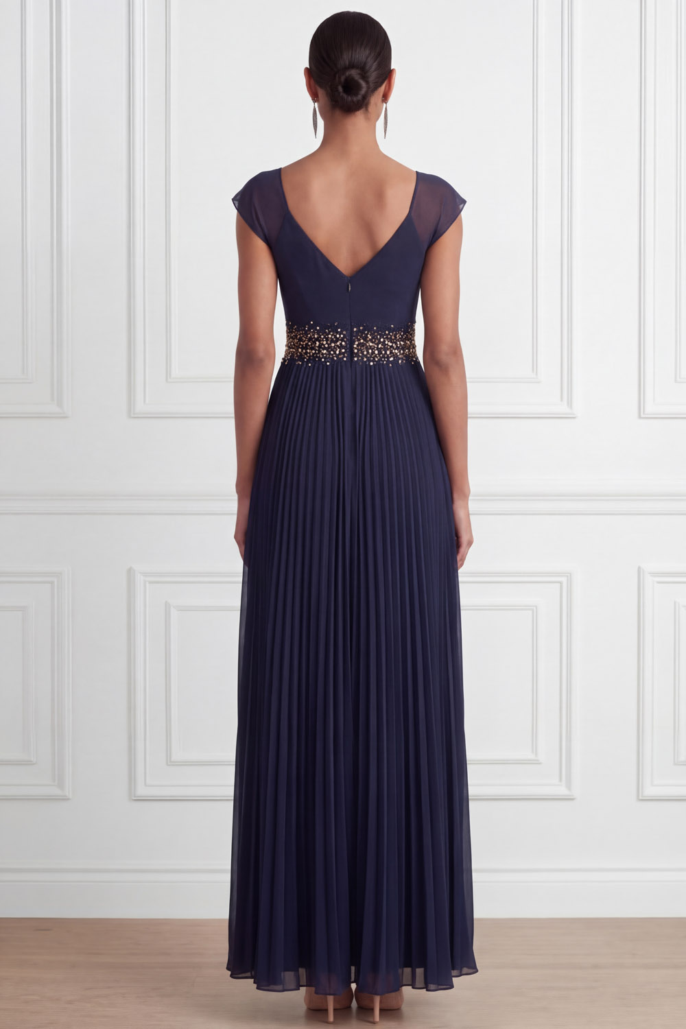 Navy Formal Evening Dress Cross Neck Pleated Chiffon Maxi Dress