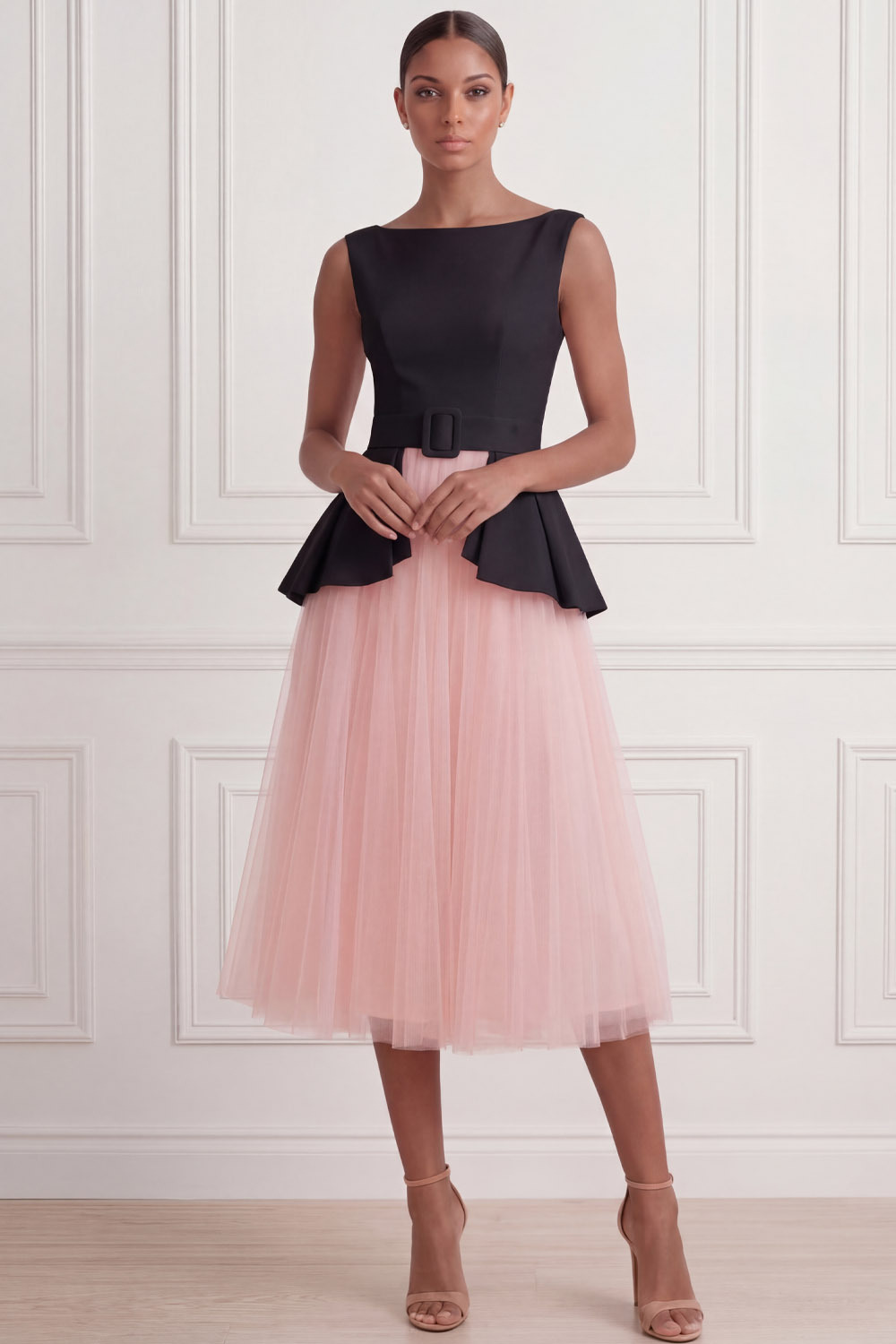 Black Suit Sets Crew Neck Pleated A-Line Tulle Midi Skirts Set