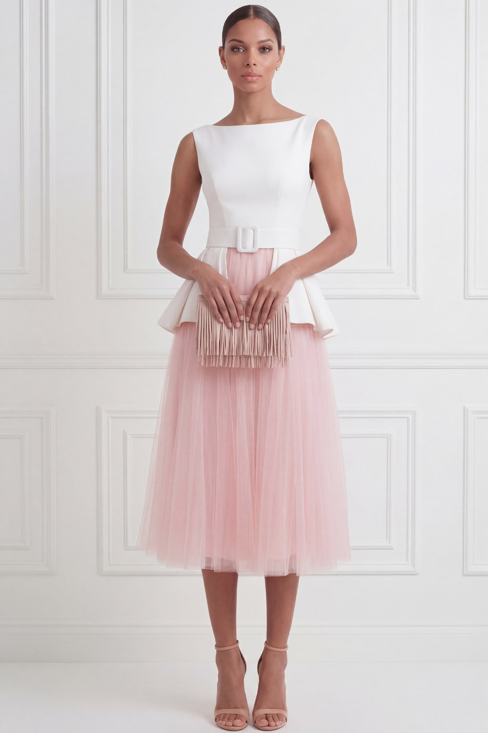 Black Suit Sets Crew Neck Pleated A-Line Tulle Midi Skirts Set