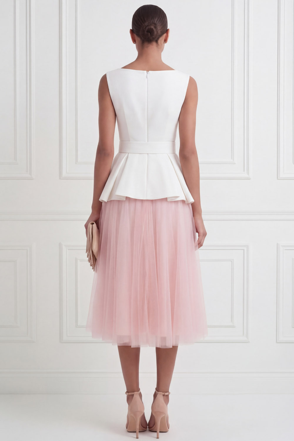 Black Suit Sets Crew Neck Pleated A-Line Tulle Midi Skirts Set