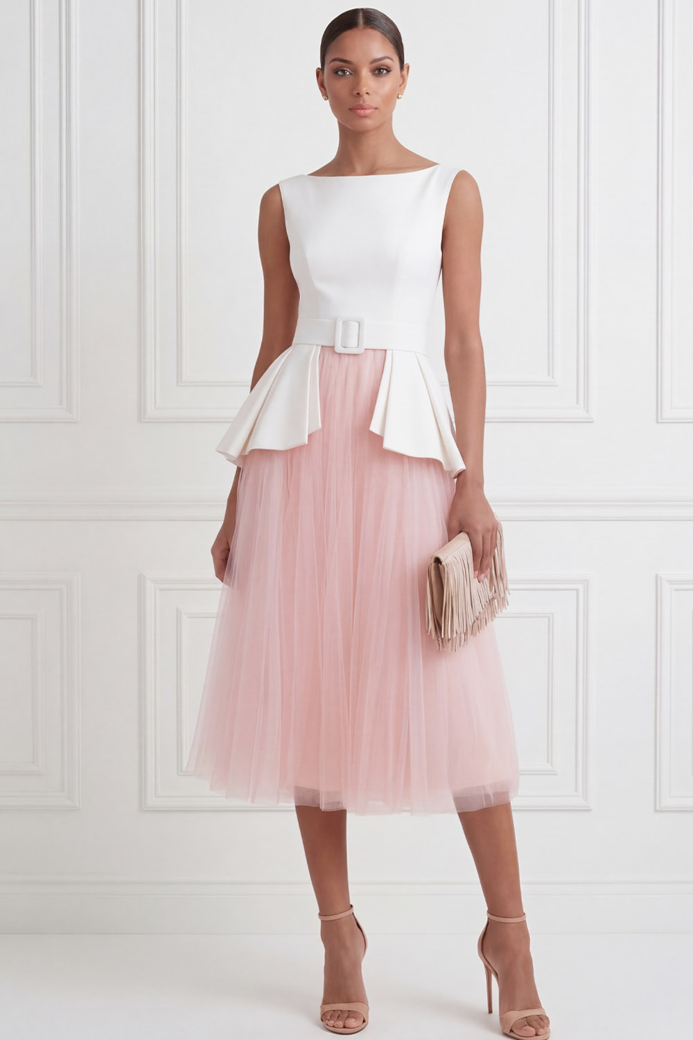 Black Suit Sets Crew Neck Pleated A-Line Tulle Midi Skirts Set