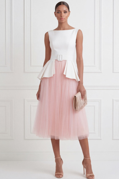 Black Suit Sets Crew Neck Pleated A-Line Tulle Midi Skirts Set