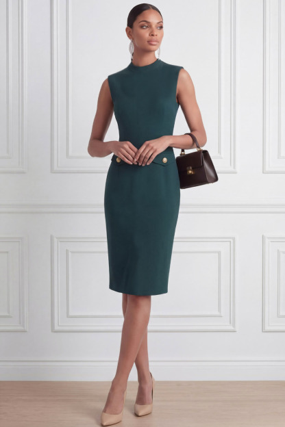 Emerald Green Formal Cocktail Dress​​ Bodycon Round Neck Midi Dress 
