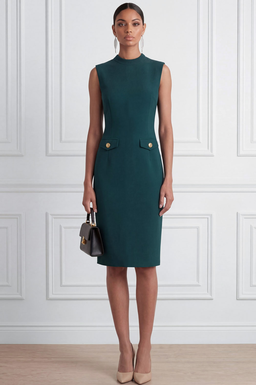 Emerald Green Formal Cocktail Dress​​ Bodycon Round Neck Midi Dress 