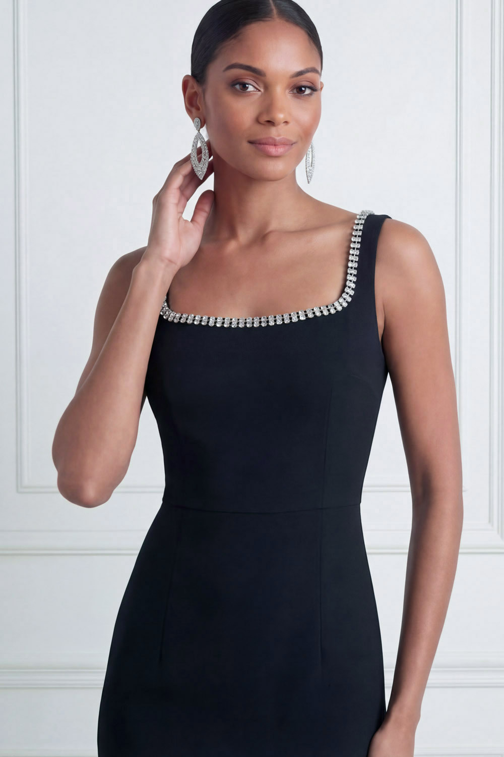 Black Formal Cocktail Dress​​ Bodycon Square Neck Ruffled Midi Dress 