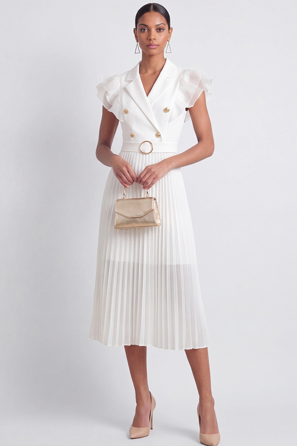 White Formal Cocktail Dress​​ A-Line Lapel Pleated Midi Dress 
