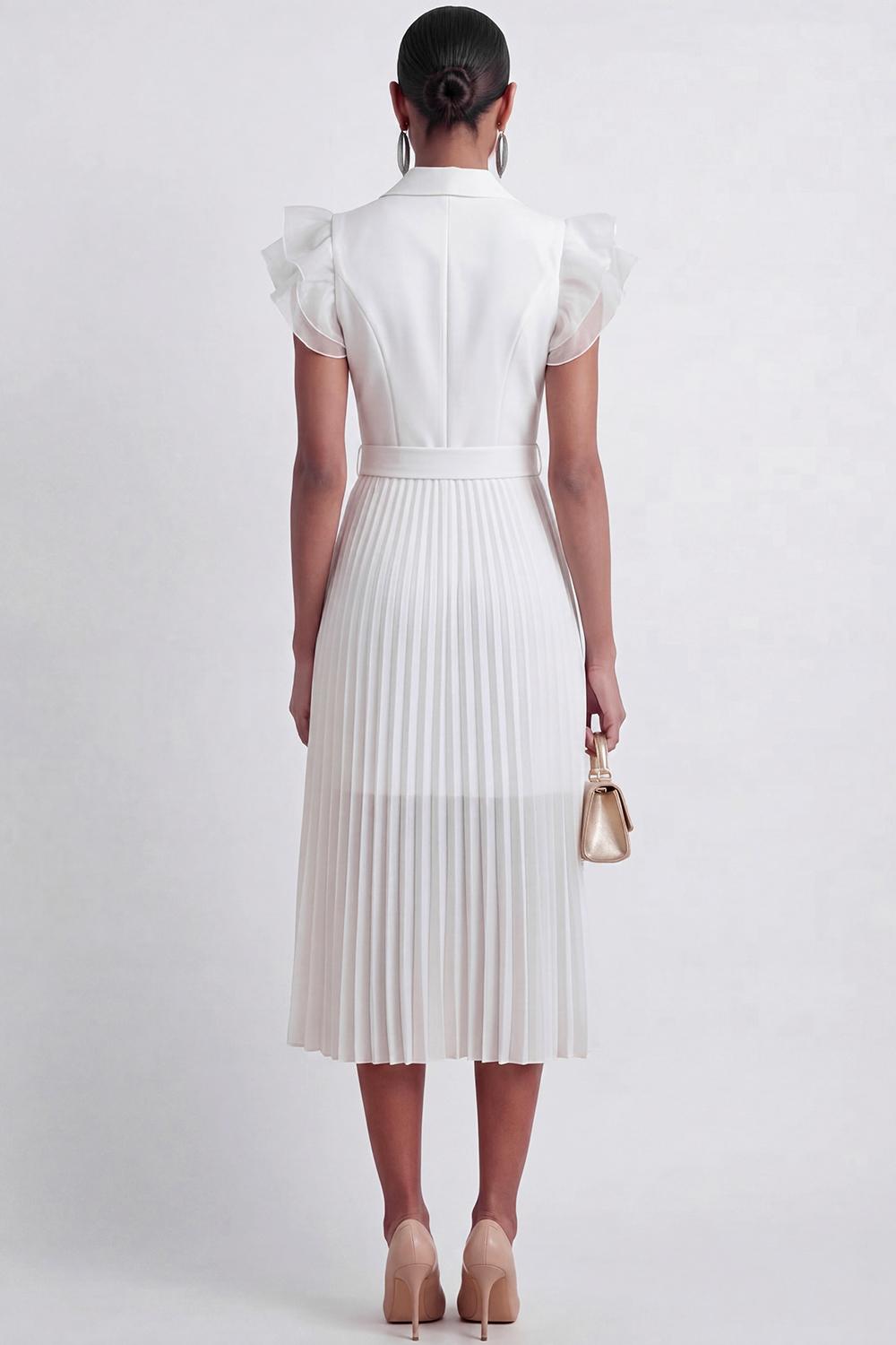 White Formal Cocktail Dress​​ A-Line Lapel Pleated Midi Dress 