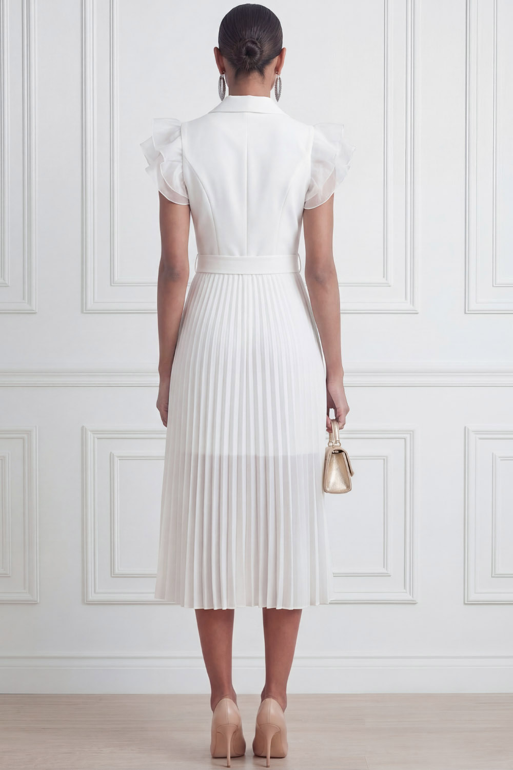 White Formal Cocktail Dress​​ A-Line Lapel Pleated Midi Dress 