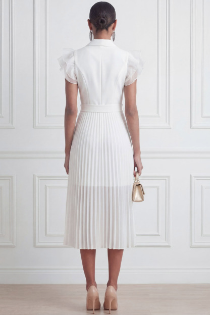 White Formal Cocktail Dress​​ A-Line Lapel Pleated Midi Dress 