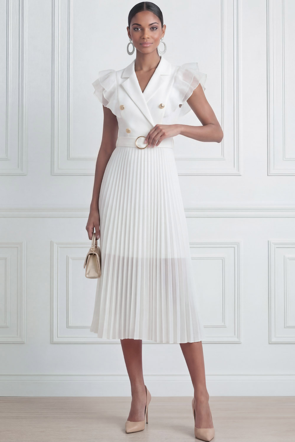 White Formal Cocktail Dress​​ A-Line Lapel Pleated Midi Dress 