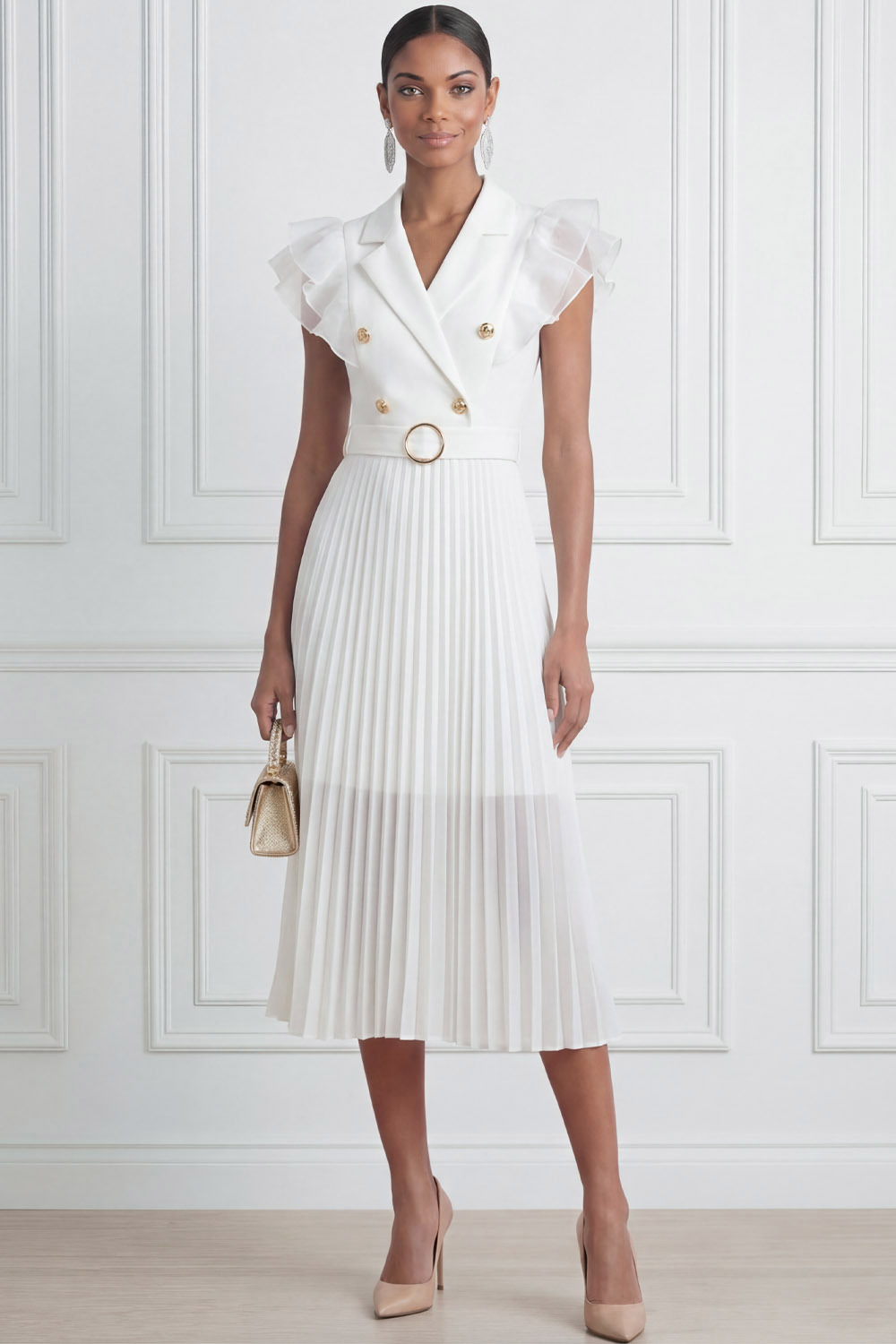 White Formal Cocktail Dress​​ A-Line Lapel Pleated Midi Dress 