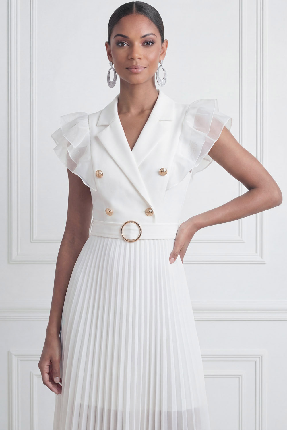 White Formal Cocktail Dress​​ A-Line Lapel Pleated Midi Dress 