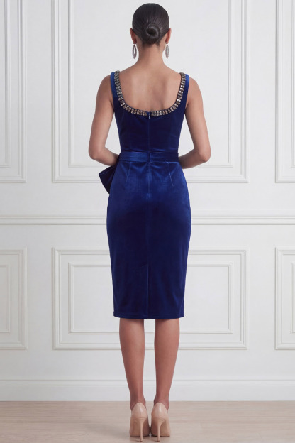 Navy Formal Cocktail Dress​​ Square Neck Velvet Midi Dress with Bow