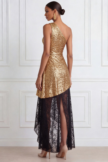 Golden Prom Dress A-Line One Shoulder Sequin Maxi Dress 