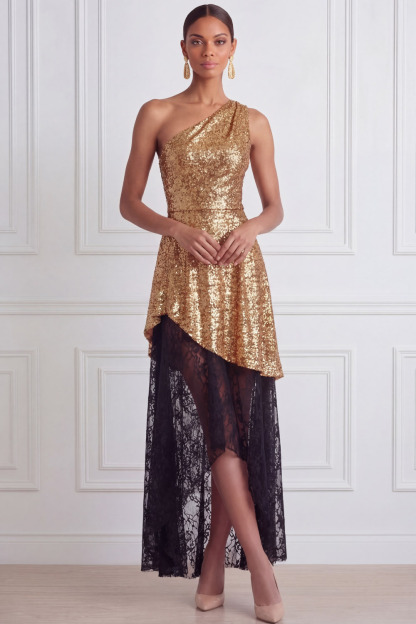 Golden Prom Dress A-Line One Shoulder Sequin Maxi Dress 