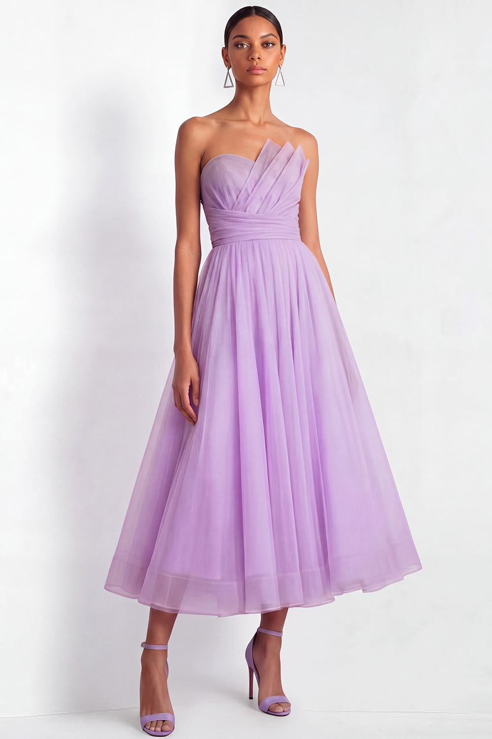 Lilac Formal Evening Dress A-Line Strapless Pleated Organza Midi Dress 