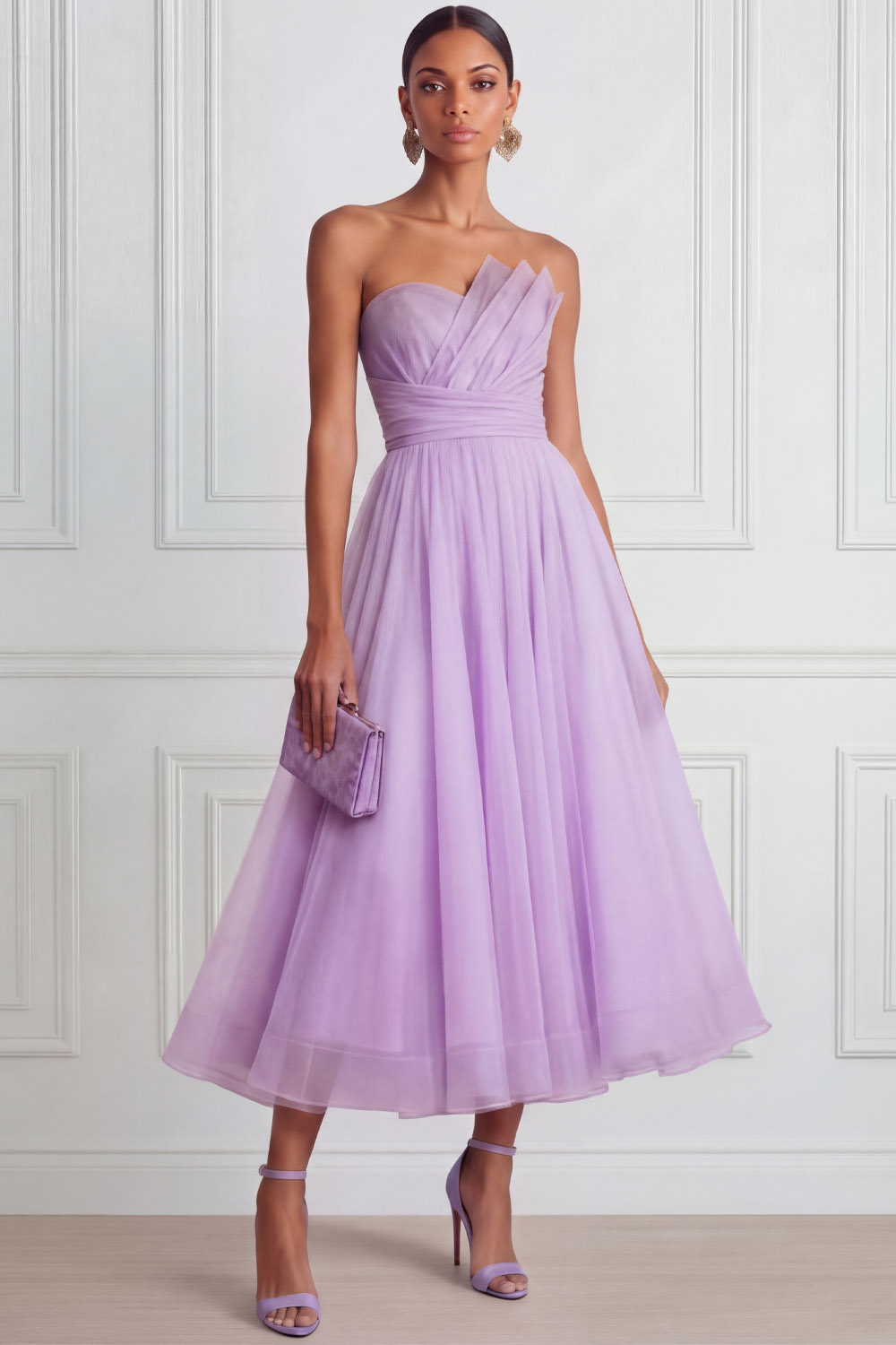 Lilac Prom Dress A-Line Strapless Pleated Organza Midi Dress