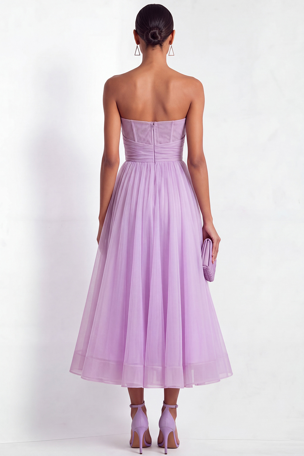 Lilac Formal Evening Dress A-Line Strapless Pleated Organza Midi Dress 