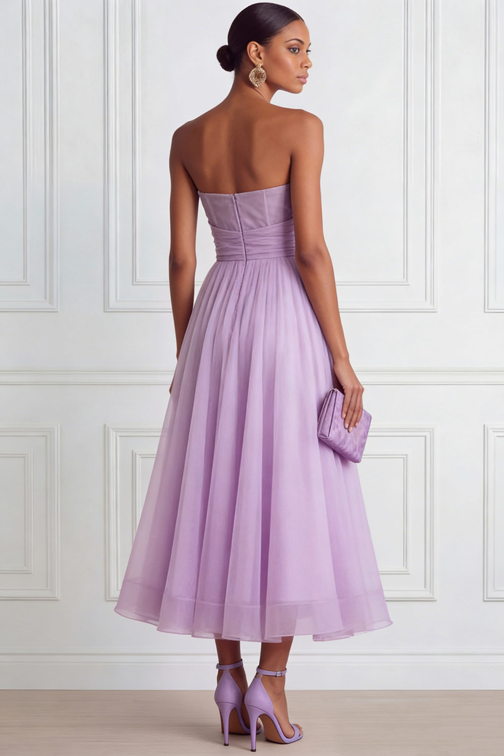 Lilac Prom Dress A-Line Strapless Pleated Organza Midi Dress 