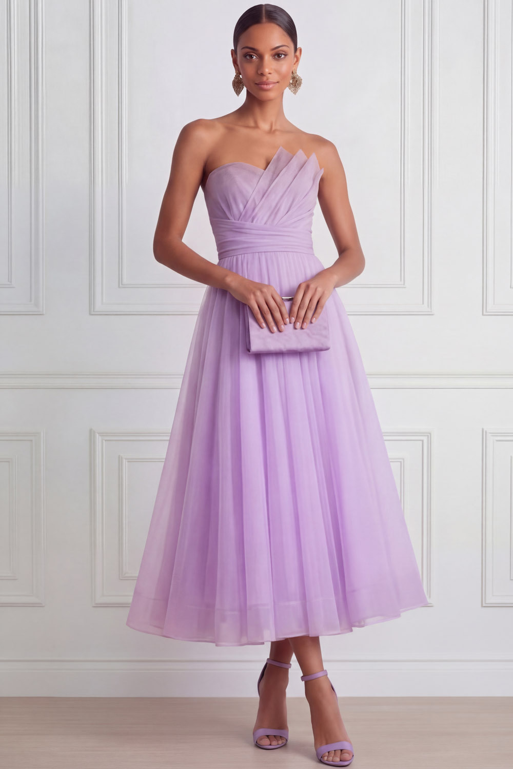 Lilac Prom Dress A-Line Strapless Pleated Organza Midi Dress 