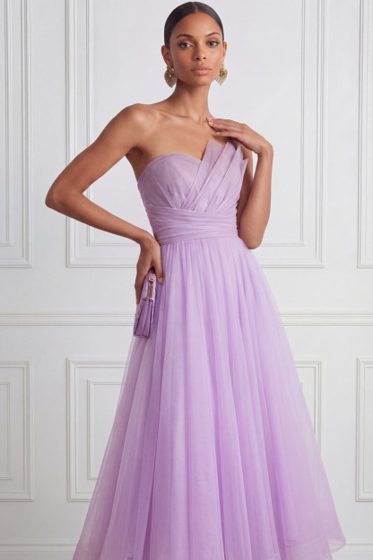 Lilac Prom Dress A-Line Strapless Pleated Organza Midi Dress 