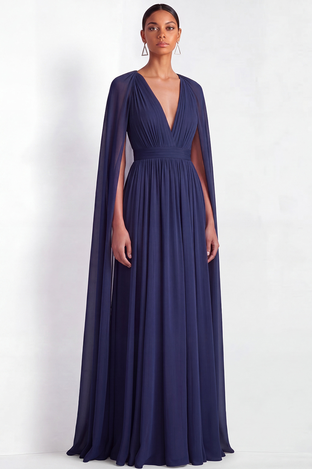 Navy Formal Dress V-Neck Pleated Chiffon Maxi Dress with Cape 