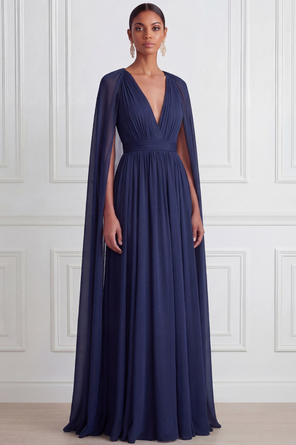 Navy Prom Dress V-Neck Pleated Chiffon Maxi Dress with Cape