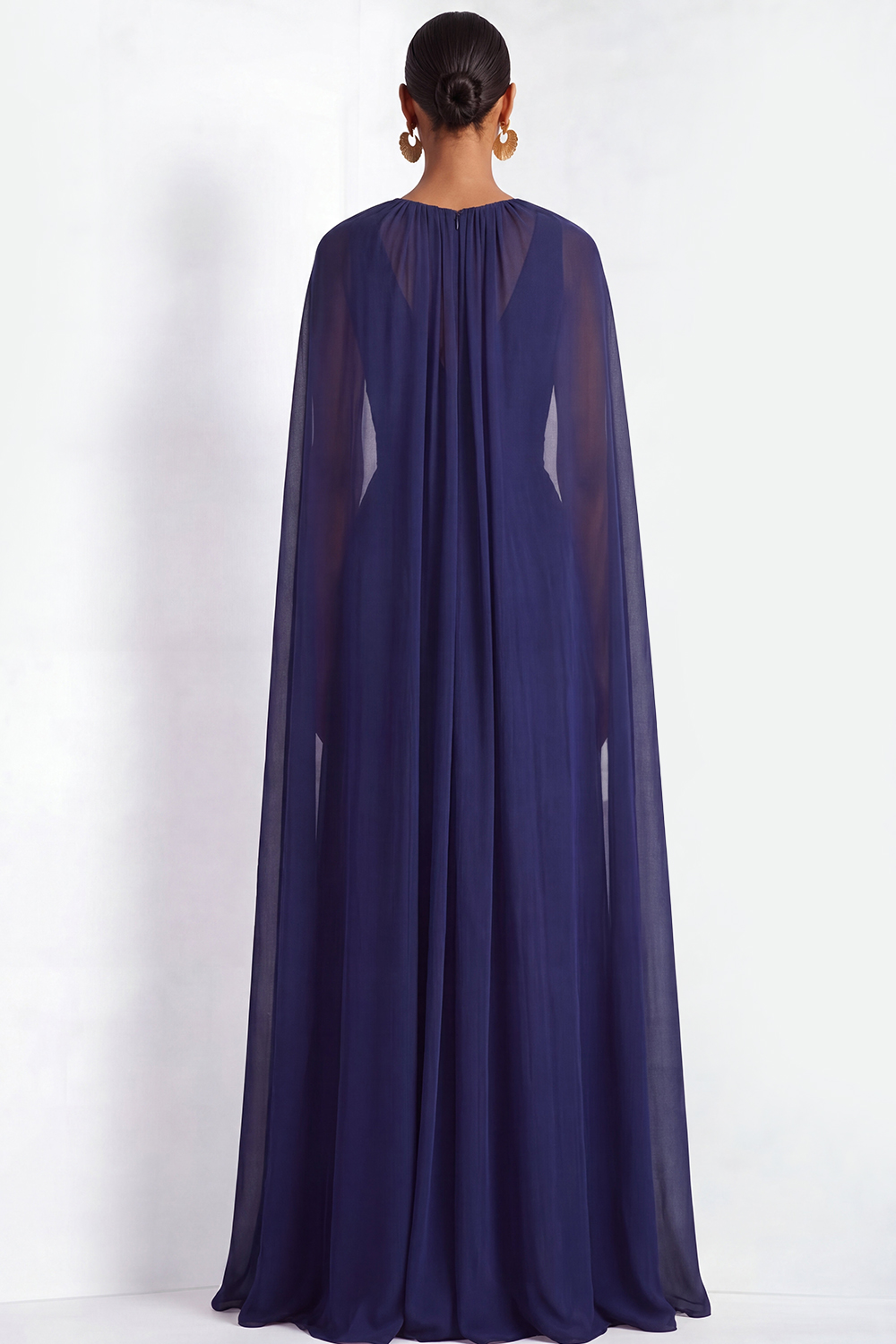 Navy Formal Dress V-Neck Pleated Chiffon Maxi Dress with Cape 