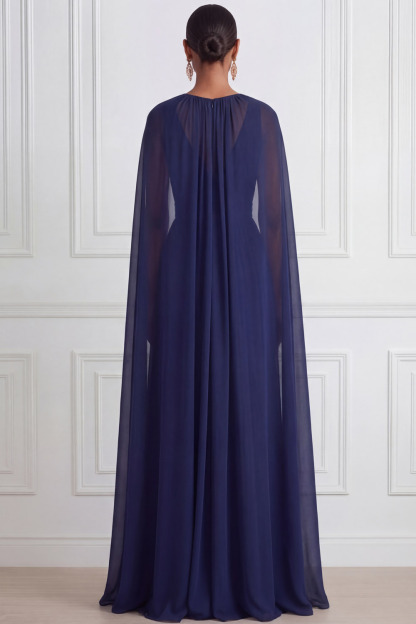 Navy Prom Dress V-Neck Pleated Chiffon Maxi Dress with Cape 