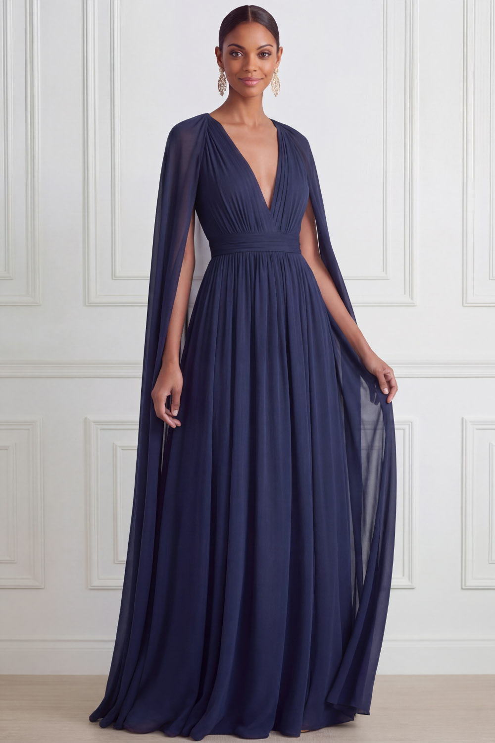 Navy Formal Dress V-Neck Pleated Chiffon Maxi Dress with Cape