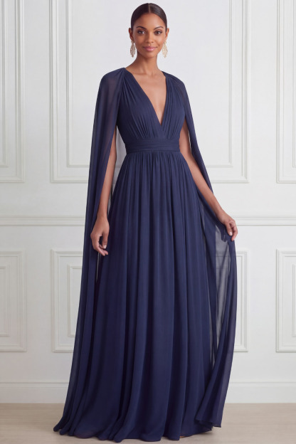 Navy Prom Dress V-Neck Pleated Chiffon Maxi Dress with Cape 
