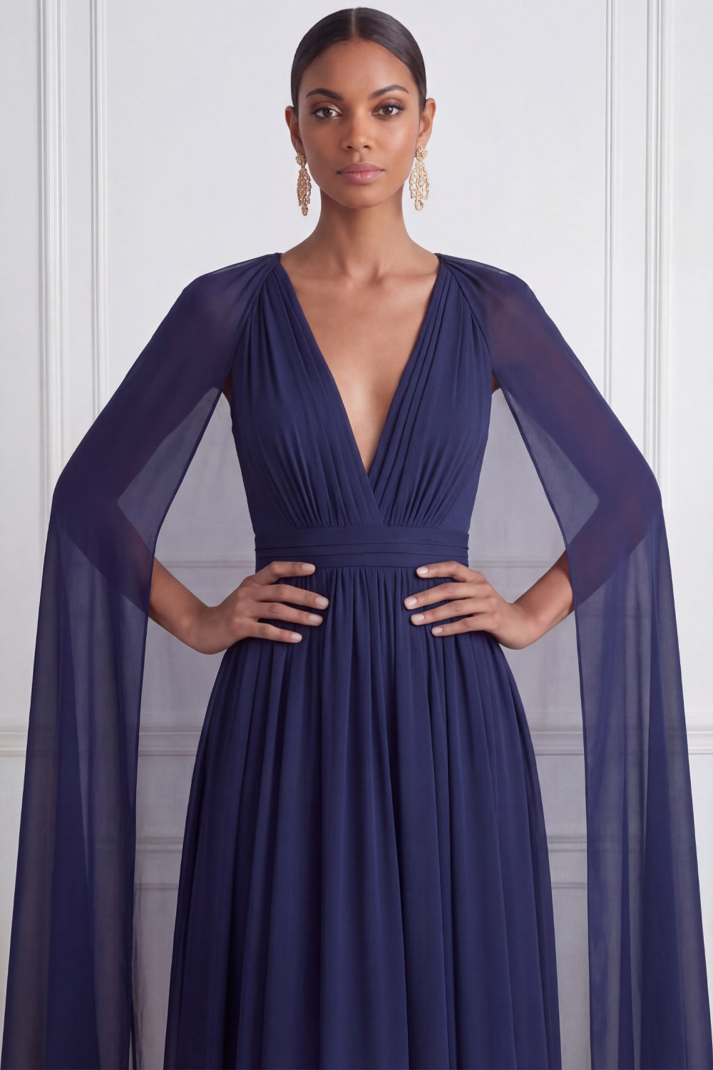 Navy Prom Dress V-Neck Pleated Chiffon Maxi Dress with Cape 