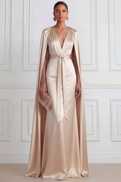 Champagne Prom Dress V-Neck Satin Maxi Dress with Cape 