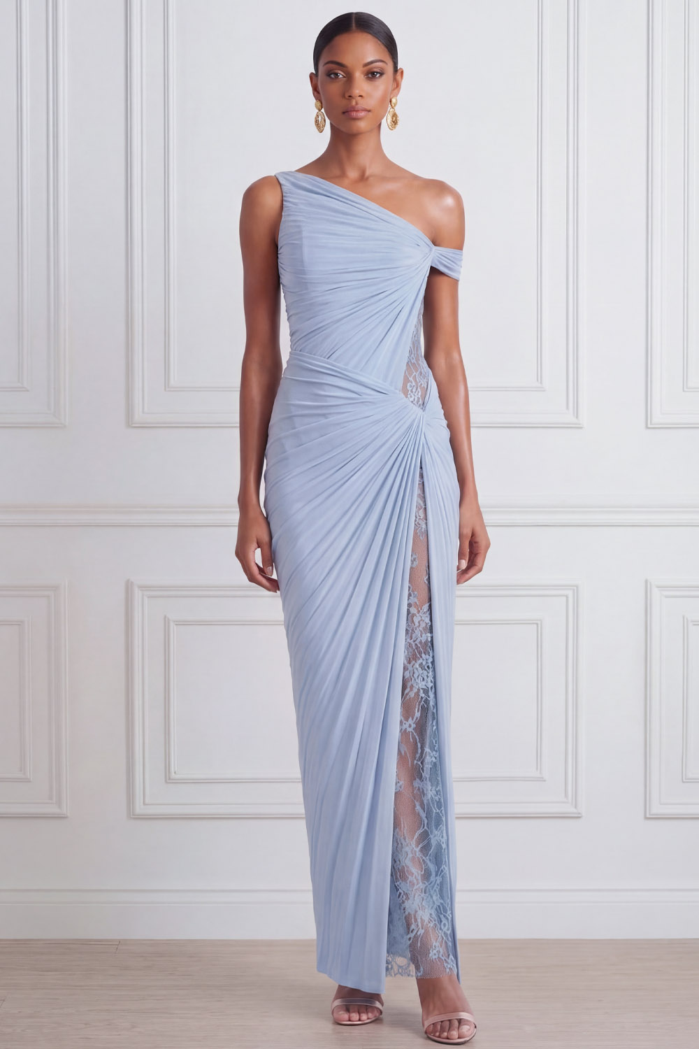 Sky Blue Formal Dress Sheath One Shoulder Ruched Maxi Dress