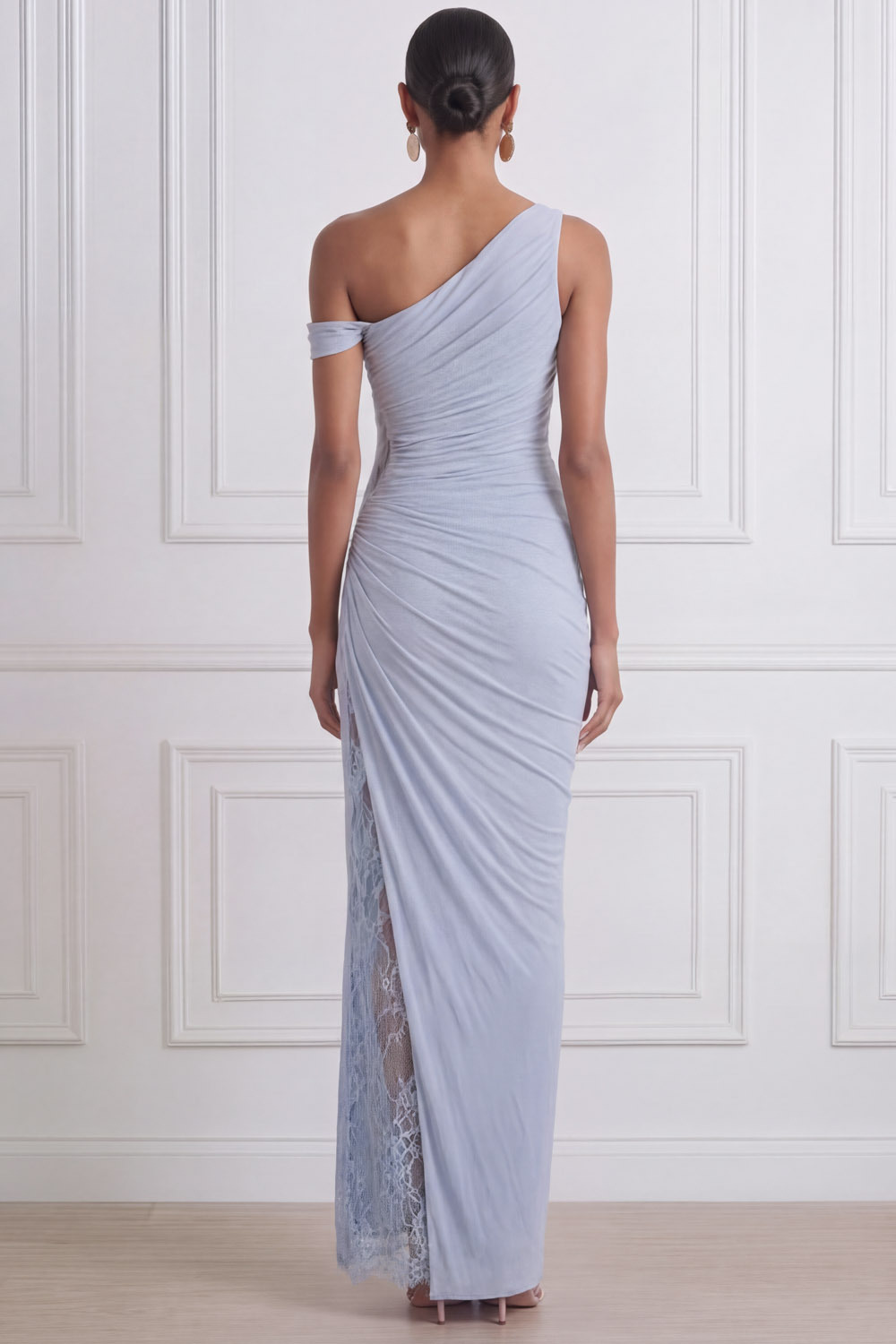 Sky Blue Formal Dress Sheath One Shoulder Ruched Maxi Dress