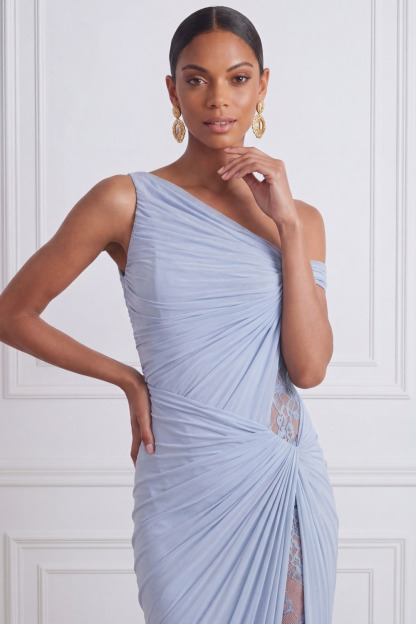 Sky Blue Formal Dress Sheath One Shoulder Ruched Maxi Dress