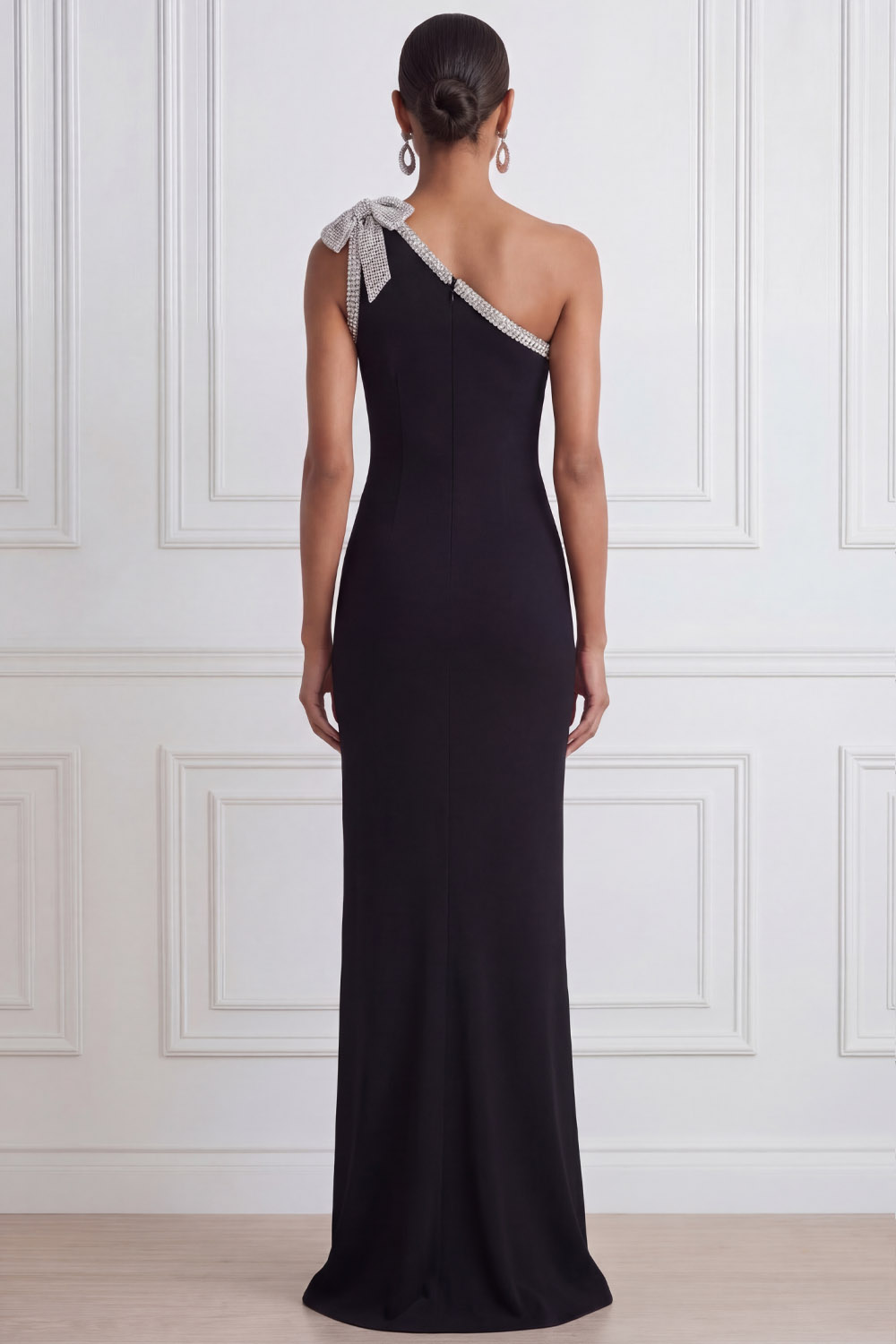 Black Formal Evening Dress Sheath One Shoulder Maxi Dress with Bow