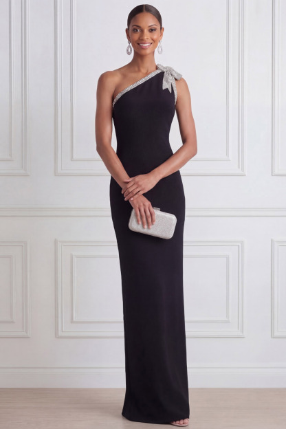 Black Formal Evening Dress Sheath One Shoulder Maxi Dress with Bow